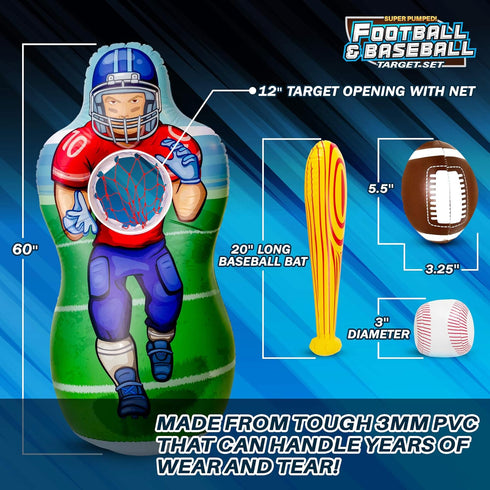 Inflatable Double-Sided Baseball & Football Target Set, Blow Up Toy with Soft Football, Baseball & Inflatable Bat
