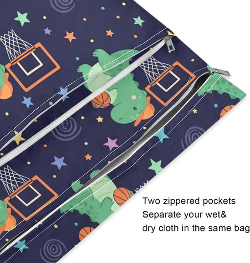 Burbuja 2 Pack, 2 Dinosaur Wet Dry Bags for Baby Cloth Diaper Waterproof Reusable Wet Bag with Zippered Pockets