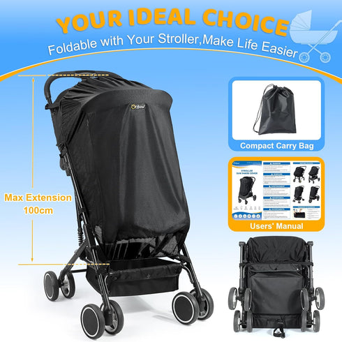 95% 50+), Orzbow Stroller Sun Shade, Breathable Sun Shade Cover for Stroller with Mosquito Net & Zip, Universal Baby