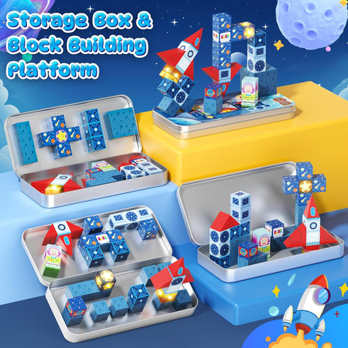 36 Set PCS Mini Magnetic Tiles Travel with Portable Iron Storage Box, STEM Learning Magnetic Building Blocks with LED