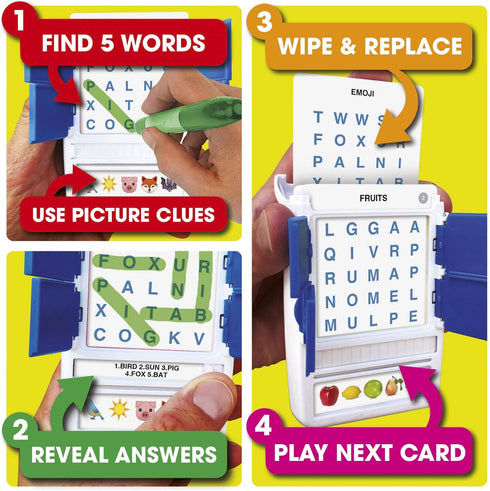 100 PICS Word Search Travel Game - 100 Puzzles with Picture Clues, 50 Wipe Clean Cards, Activity Gift for Kids and