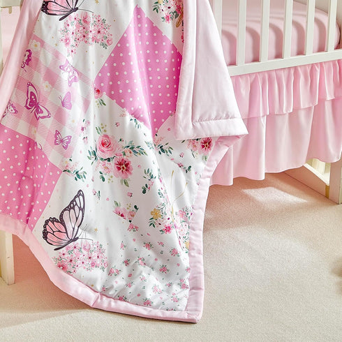 Set 3 Set Patchwork Crib Bedding Butterfly Plaid Floral Design Pieces Baby Girl Cute Quilted Comforter with Fitted