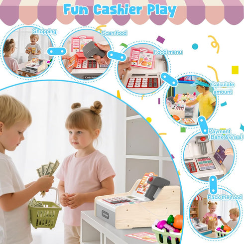 2-4 4-8 maysida Rechargeable Wooden Kids Cash Register with Scanner, Pretend Play Cash Register Toy with Fake Money