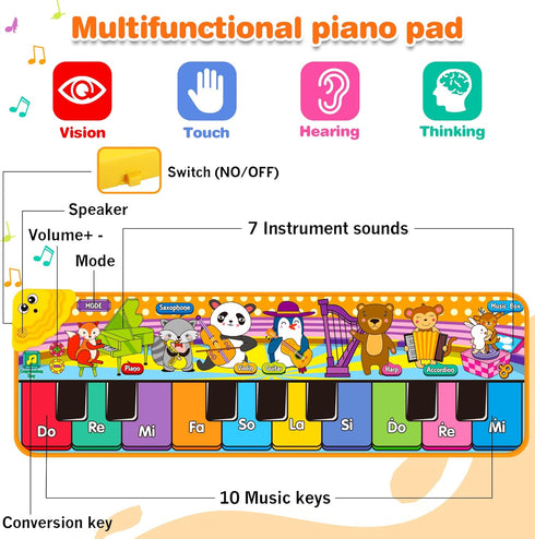 25 1 2 3 4 5 6+ Kids Musical Piano Mats with Music Sounds, Musical Toys Baby Floor Piano Keyboard Mat Carpet Animal