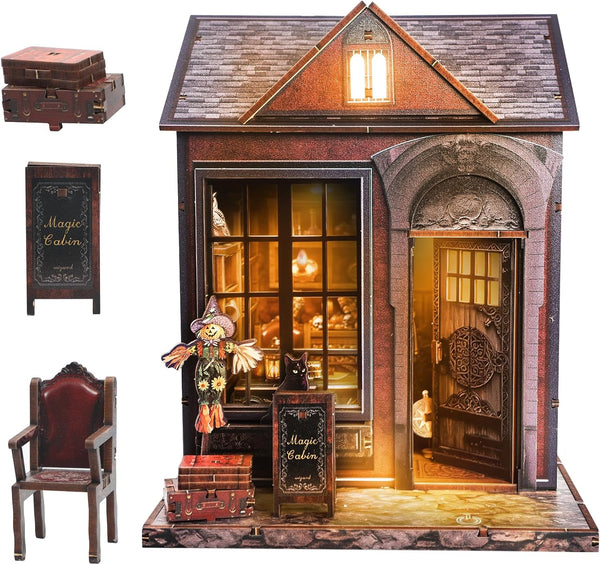 Magic Cabin Miniature Dollhouse with LED Lights, Vintage Furniture & Decor Handcrafted