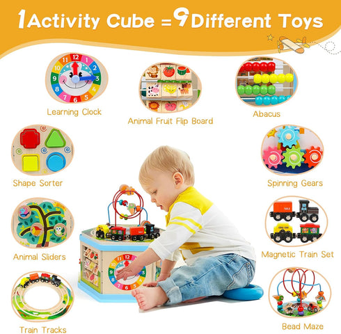 9-in-1 1+ 1-2 Wooden Activity Cube Montessori Toys for Year Old Boys Girls Educational Learning Toys for Toddlers Age