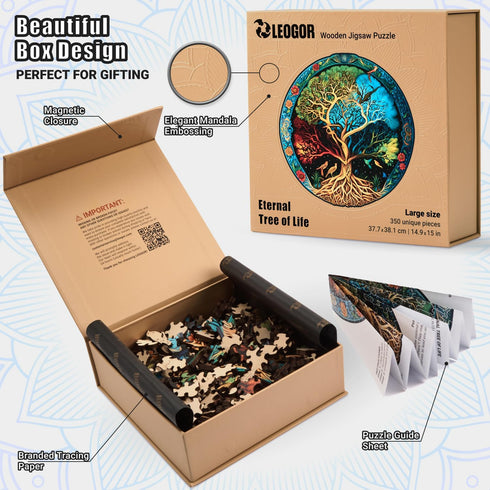 LEOGOR Wooden Jigsaw Puzzle for Adults — 350 Piece Eternal Tree of Life Nature Inspired Round Design