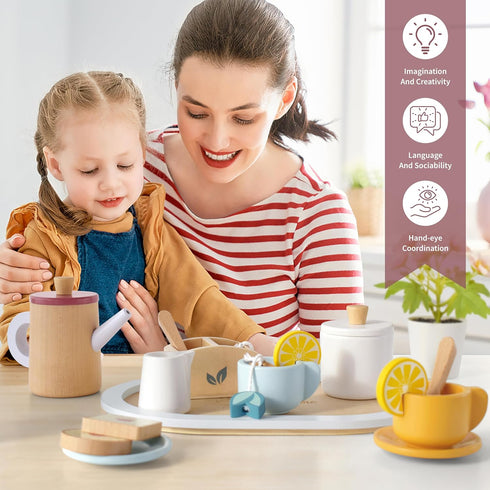 Set 19-Piece 3+ Wooden Tea for Toddlers, Dual-Flavour Pretend Play Tea Party Tray with Wood Cups, Lemon & Mint Tea