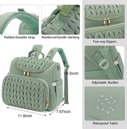 Bevkois Backpack Small Diaper Bag Quilted Mini Baby Crossbody Diaper Bag Tote for Mom and Baby Girls Boys (Matcha