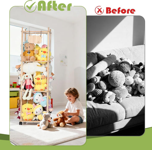 54 inch Stuffed Animal Storage & Organizer, Tall Wooden Cute Zoo Toy Holder with Building Block Storage Bag, Space Save