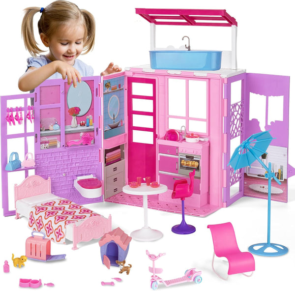 Doll House for 11.5-inch Dolls, 2-Story Foldable Dollhouse with 37 pcs Furnitures