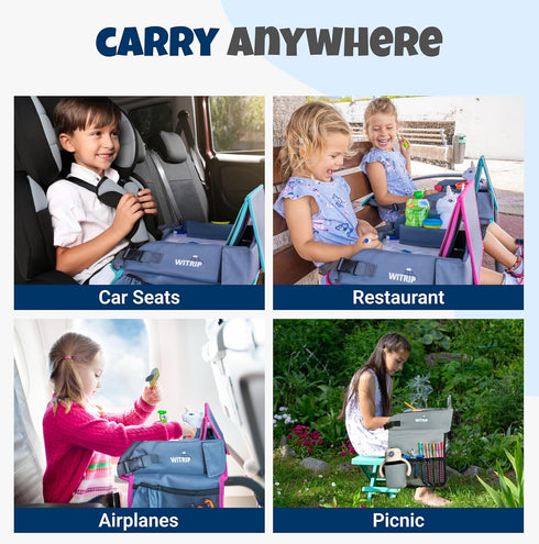 Kids Travel Tray with Dry Erase Board - Car Seat Tray for Kids Travel, Carseat Table Top for Toddler, Lap Desk for Car