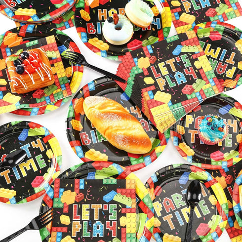 100 Pcs Building Block Party Supplies, Tableware Plates Napkins, Building Block Party Decoration for Birthday Party