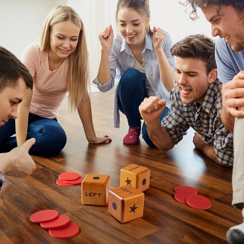 Giant Right Center Left Dice Game with 24 Large Chips & Carry Bag, 3.5" Wooden Outdoor Lawn Dice Game