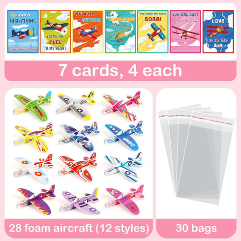 28 Pcs Valentine's Day Gift Card with Foam Airplanes Toys for Kids Boys Girls Valentines Party Favor Classroom Exchange