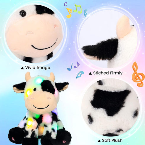 11' Hopearl LED Musical Stuffed Smile Cow Light up Singing Plush Toy Adjustable Volume Lullaby Animated Soothe Birthday