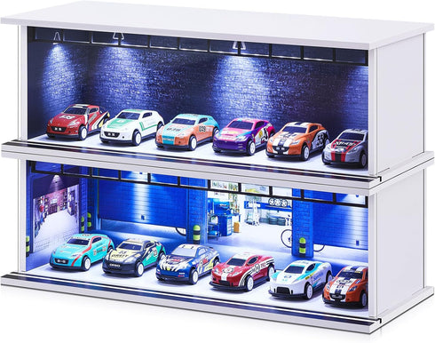 Tujoe 2 Pcs Display Case for Toy Car Garage with LED Light Stackable