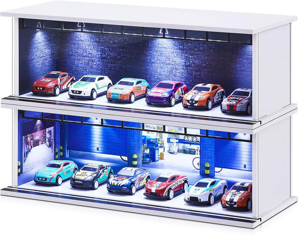 Tujoe 2 Pcs Display Case for Toy Car Garage with LED Light Stackable