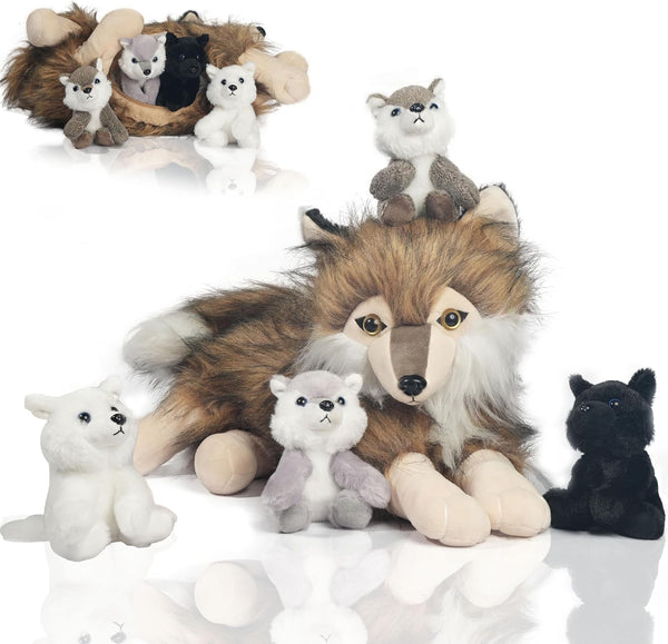 Plush Wolf with 4 Cubs Toy Set, 16 Inch Mommy Wolf Stuffed Animal with 4 Wolf Babies in Zippered Pouch