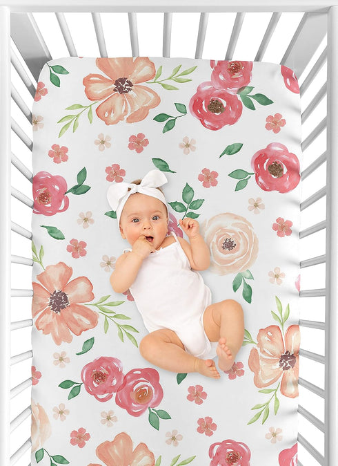 Sweet Jojo Designs Peach and Green Fitted Crib Sheet for Watercolor Floral Collection, Pink Rose Flower