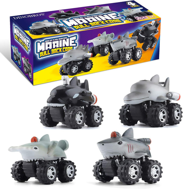 DINOBROS Shark Toys Pull Back Cars, 4 Pack Ocean Animal Truck Toy, Gift for 3 Years Old and Up