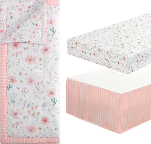 The Homistry 3-Piece Set Set The Hmistry Crib Bedding for Girls - Reversible Quilt, Fitted Sheet, Crib Skirt - Soft
