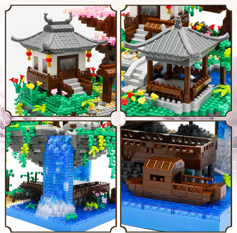 Set 14+,(2705 Light-Up Peach Blossom Pond Micro Mini Bricks Kit, Chinese Architecture Cherry Bonsai Tree Building