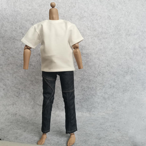 1/6 Custom Scale Clothes - T-Shirt + Jean Trousers for 12" Male Action Figure Doll Clothes (White)