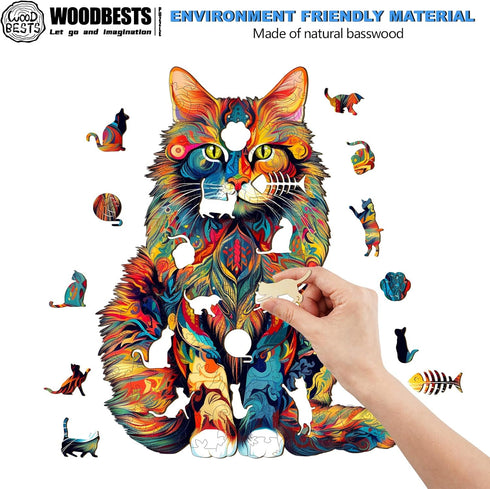 WOODBESTS Wooden Puzzle for Adults, Maine Cat Jigsaw (L, 300pcs, 16.5"x13.2") Unique Shape Gift