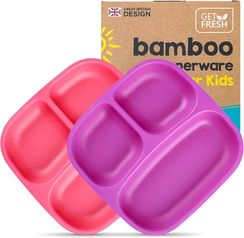GET FRESH Bamboo Kids Divided Plates Set, 2-Pack, 3 Compartment Bamboo Dinnerware for Kids Meals