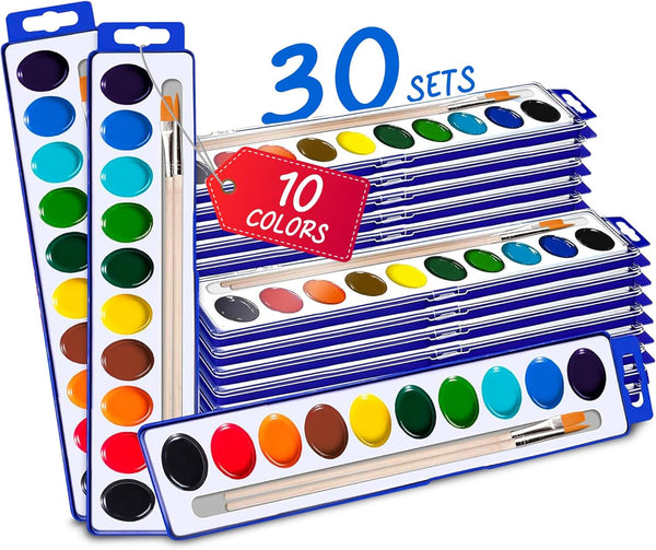 10-Color Water Color Paint Sets for Kids 30 Pack Bulk Watercolor Paint