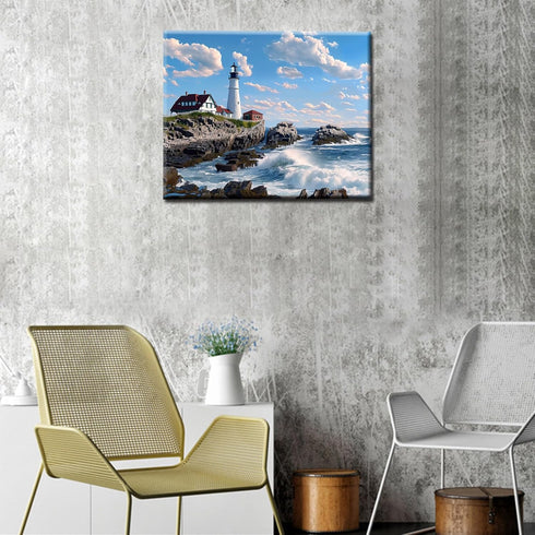 Portland Head Light Paint by Numbers Kits, Acrylic Oil Painting for Adults Kids, Tropical Seascape Home Decor