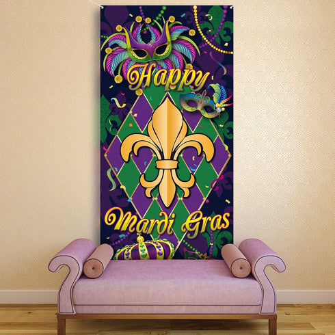 Blulu Mardi Gras Door Cover, New Orleans Carnival Decorative Hanging Welcome Banner Flag for Party