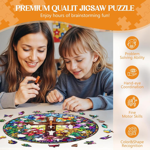 Decor(L-13.4 13.4in 300pcs) Wooden Puzzles for Adults, Stained Glass Cross Wood Puzzles Adult, Unique Animal Shaped