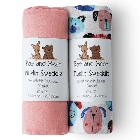 Roo and Bear Muslin Swaddle Blankets for Newborn Baby, Buttery Soft and Breathable Receiving Blanket