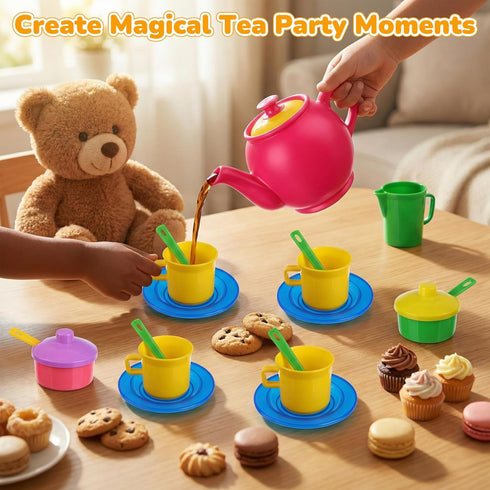FLORMOON Set, 18-Piece Set 6 Toy Tea Pretend Play with Colors - Includes Teapot, Cups, Saucers, Sugar Jar | Durable