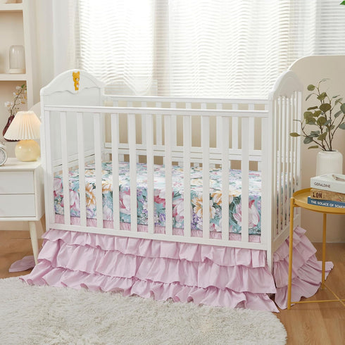 100% Brandream Crib Bed Skirt Dust Ruffle Triple Layer Egyptian Cotton Sateen Silky Pink Purple Ruffled Baby Girls