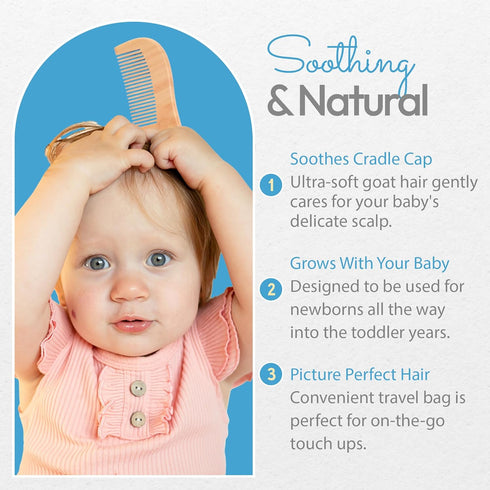 Set 3-in-1 Set The Hat Pros Wooden Baby Hairbrush & Comb | Soft Goat Hair Brush for New Born & Toddlers, Prevents
