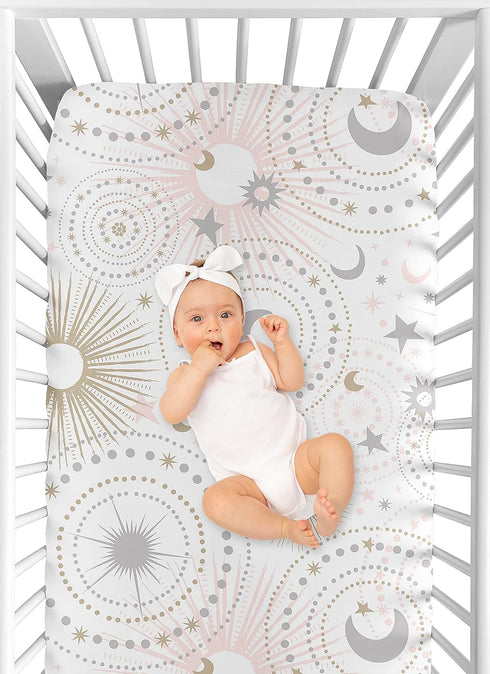 Sweet Jojo Designs Star and Moon Girl Baby Fitted Crib Sheet - Blush Pink Gold and Grey Celestial Sky for Standard