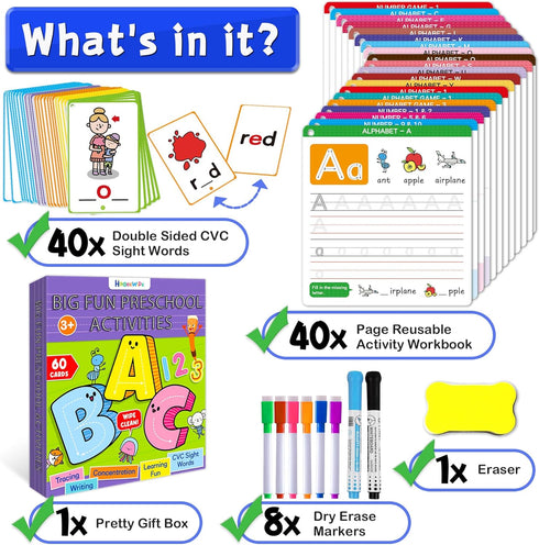 Preschool Learning Activities Handwriting Practice Book for Kids, CVC Word Writing & Spelling Cards for Ages 3-6
