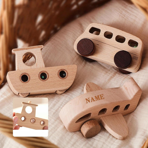 1-3, Set Wooden Cars for Toddlers Wooden Vehicles Baby Cars with Bus, Airplane and Boat, Montessori Rattle Toys