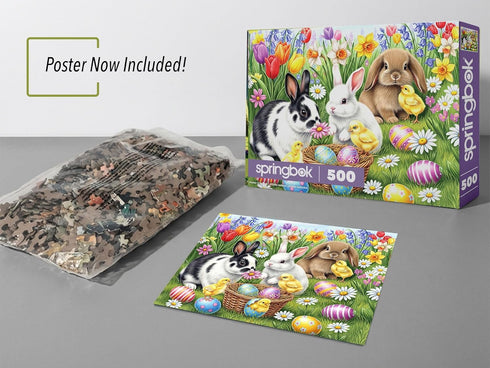 500 Springbok Three Easter Bunnies Piece Jigsaw Puzzle for Adults Poster Now Included - Spring and Floral Unique Cut