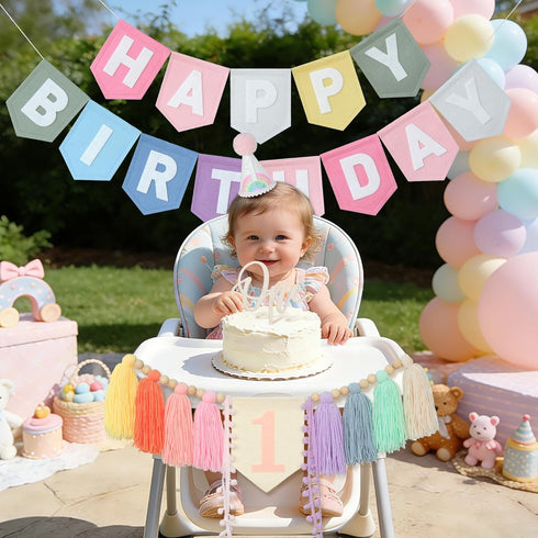 1st DCJHFJ Pastel Macaron Rainbow High Chair Banner Felt Happy Birthday Banner Pre-Strung Birthday Party Decorations