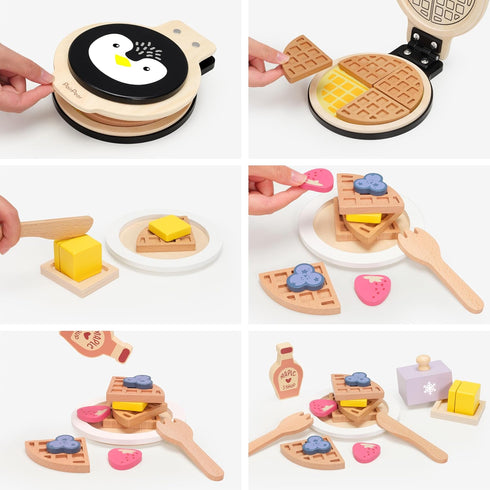 Playset, Playset, Sets 3+ PairPear Wooden Waffle Maker Toy Food Kids Pretend Play Food Kitchen Accessories, Wooden