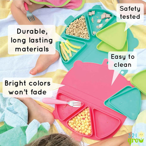 3 Silicone On-The-Go Snack Mat Foldable Reusable Placemat with Compartments and Lids Travel-Friendly Baby and Toddler