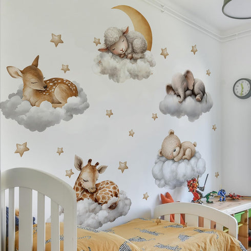 Sleeping Animals Wall Decals,Dreamy Clouds & Star Theme Art Wall Sticker Decors,Peel and Stick Elephants, Bears, Deer