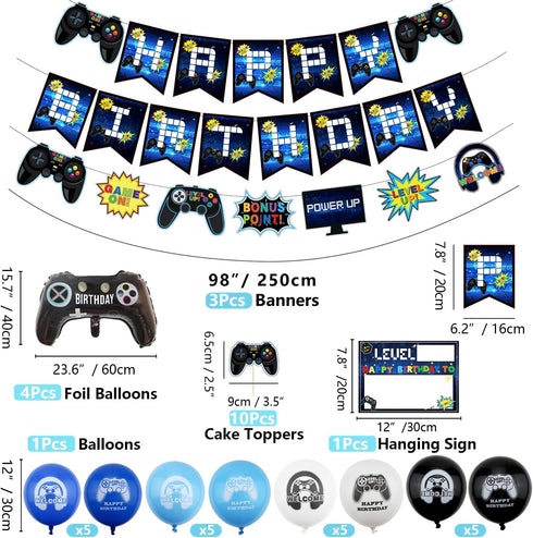 Video Game Party Decorations for 7th Birthday, HAPPY BIRTHDAY Banner, Balloons, Gaming Supplies