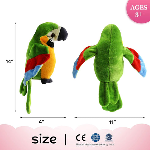 Houwsbaby 9'' Green Electronic Musical Talking Parrot Plush Toy, Interactive Recording Stuffed Animal for Kids