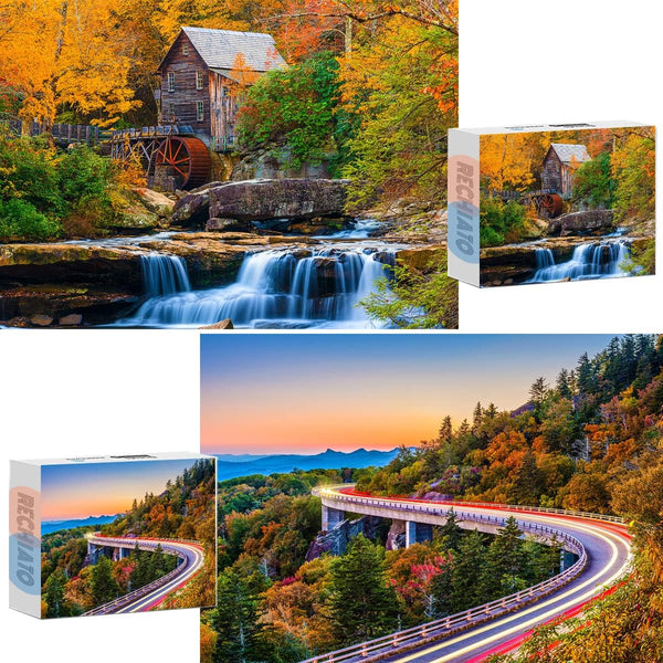 2 Pack - 1000 Pieces for Glade Creek Grist Mill in Fall & Blue Ridge Parkway Linn Cove Viaduct Puzzles