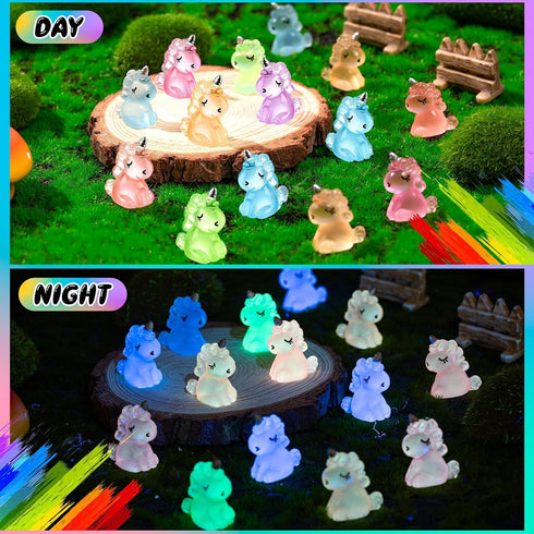 HFAYDZSW 180Pcs Luminous Mini Resin Unicorn Figurines, Glow in The Dark Tiny Unicorn Ornament for Garden, Landscape
